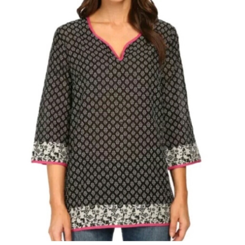 Kut from the Kloth Kwan V-Neck Tunic Shirt Blouse Small Black White Pink Light